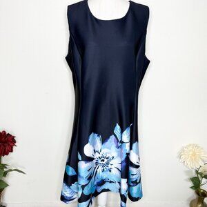 NEW DKNY Floral Dress Women Navy Blue Fit Flare Sleeveless Preppy Sz 16